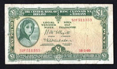 1960 Ireland IR1 Lady Lavery Banknote Series A. Note issued 18/05/60 with signatory's of McElligott and Whittaker. Serial number 52F511353.