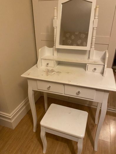 Dressing table with mirror and stool