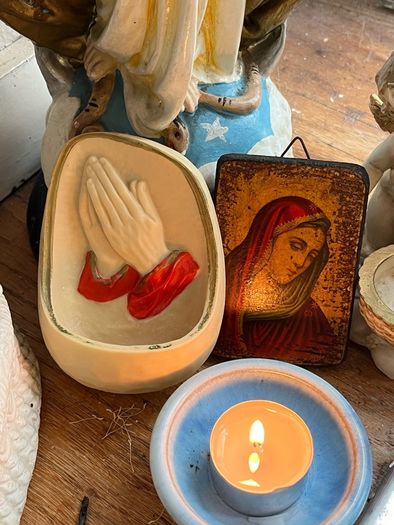 Vintage Catholic Devotional Wall Set Holy Water Font & Virgin Mary icon