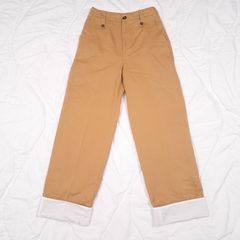 Zara Tan Camel Brown High Waist Wide Leg Trousers with White Turn-Up Cuffs Size S