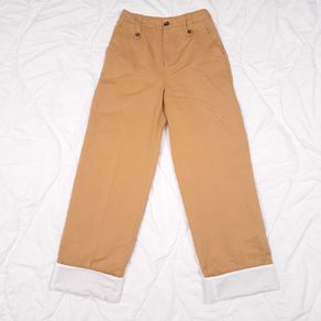Zara Tan Camel Brown High Waist Wide Leg Trousers with White Turn-Up Cuffs Size S