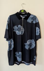 ASOS Mens Floral Shirt XL, Navy Blue Flower Print Zip Collar Top