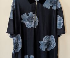 ASOS Mens Floral Shirt XL, Navy Blue Flower Print Zip Collar Top