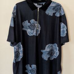 ASOS Mens Floral Shirt XL, Navy Blue Flower Print Zip Collar Top