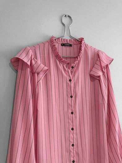Pre Owned Dunnes Stores Pink Striped Ruffle Blouse