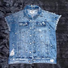 JEWELLY Size S(Oversized fit)Pearl Studded Denim Jacket Sleeveless Distressed