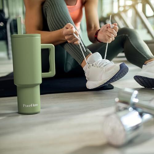 1200ml Tumbler with Straw and Lid Premium Handle | Eco-Friendly Reusable Insulated Travel Mug | Iced Coffee Cup | No Single Use Plastic Cups | Insulated Cup (Almond Birch)