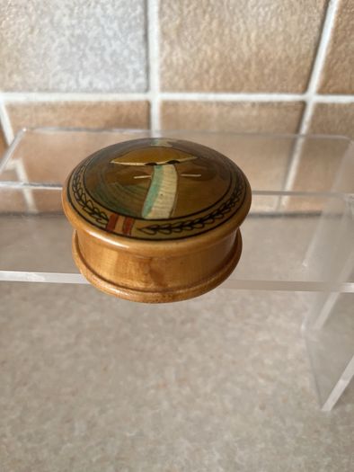 Vintage Handpainted Terracotta Ashtray & Round Carved Wooden Handpainted Trinket Box