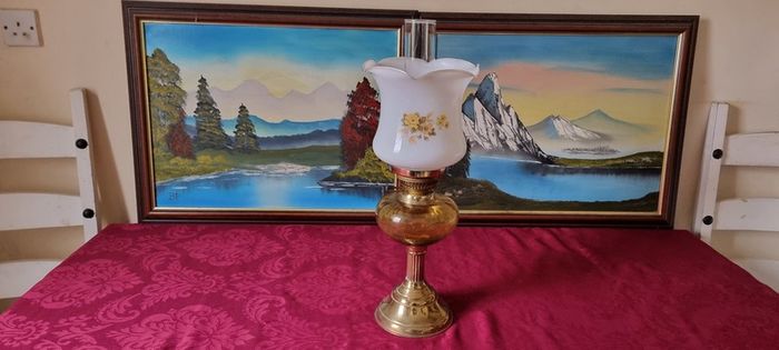 Vintage 21 Inches Tall Brass Double Burner Victorian Oil Lamp With Amber Glass Oil Font And With White Opaque Fluted  Glass Globe Shade