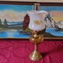 Vintage 21 Inches Tall Brass Double Burner Victorian Oil Lamp With Amber Glass Oil Font And With White Opaque Fluted  Glass Globe Shade Image 2