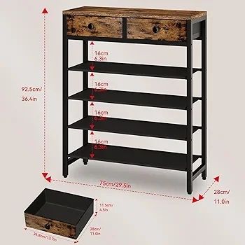 5 Tier Shoe Rack with 2 Drawers, Shoe Storage Organizer for 12-16 Pairs of Shoes, Modern Shoe Stand with Fabric Shelf for Entryway Closet Bedroom, Rustic Brown