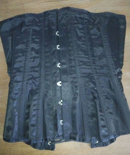 Corset black satin, steel boned, metal clasps