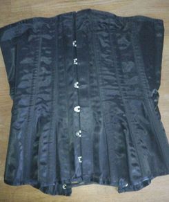 Corset black satin, steel boned, metal clasps