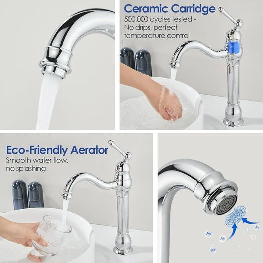 Chrome Vintage Retro Tall Tap for Bathroom Basin, High Rise Bathroom Sink Mixer Tap with 360 Swivel Spout, Brass Construction Basin Mixer Tap, Cloakroom Classic Countertop