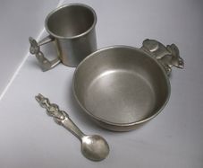 SALE!  WOODBURY PEWTERERS - Vintage Pewter Bunny Rabbit Bowl, Mug and Spoon Set