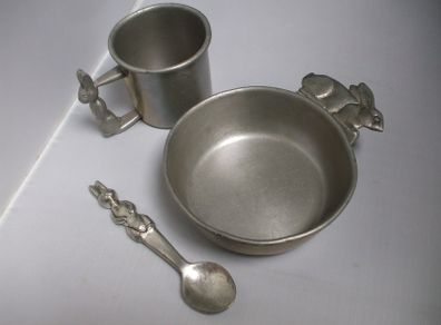 SALE!  WOODBURY PEWTERERS - Vintage Pewter Bunny Rabbit Bowl, Mug and Spoon Set