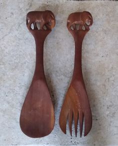 Vintage : Handcarved Elephant Wooden Fork and Spoon
