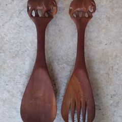Vintage : Handcarved Elephant Wooden Fork and Spoon