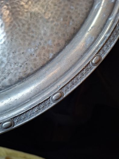A Beautiful Old Hand Beaten Pewter Tray crafted in Sheffield, England 1900s to 1940s The stamp features an H mark, which is Hall Bros of Sheffield. Postage Available or collection