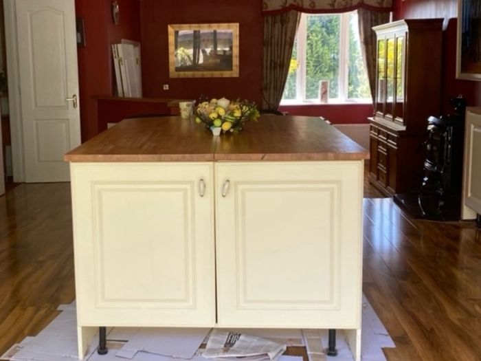 Kitchen + Island + Solid Oak Countertops + Integrated Dishwasher + black sink & gold mixer tap