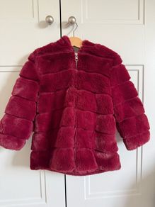 Girls F F Faux Fur Hooded Coat Age 2 to 3 Years Burgundy Berry