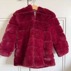 Girls F F Faux Fur Hooded Coat Age 2 to 3 Years Burgundy Berry