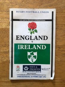 Autographed 1992 England Vs Ireland Rugby Programme