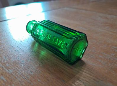 Antique Miniature Green Glass Poison Bottle. Victorian 1/2 oz Size (70mm) NOT TO BE TAKEN.