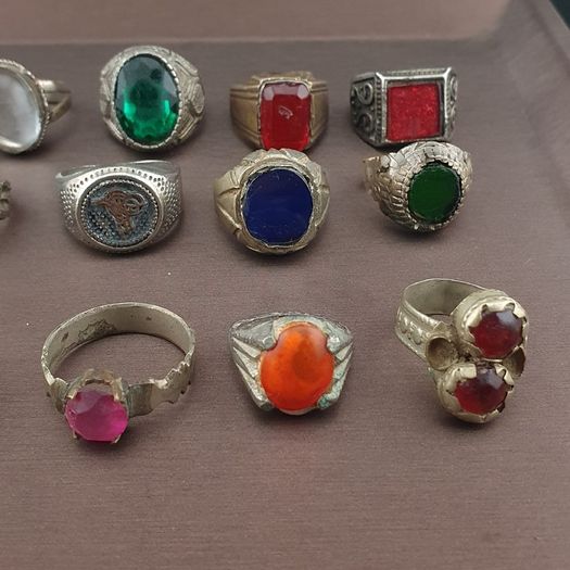 Antique Brass Rings Lot of 15 Mixed Gemstone & Glass Collectible Rings