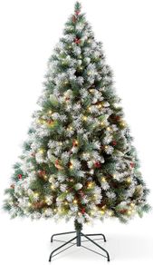 Pre-Lit Christmas Tree with 300 Built-In Warm White LED Lights with Auto-Off Timer, 8 Lighting Modes, Decorative Pinecones and Berries