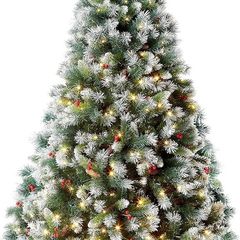 Pre-Lit Christmas Tree with 300 Built-In Warm White LED Lights with Auto-Off Timer, 8 Lighting Modes, Decorative Pinecones and Berries