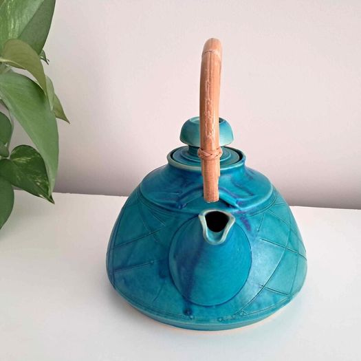 Turquoise Rustic Stoneware - Pottery Teapot With Bamboo Handle