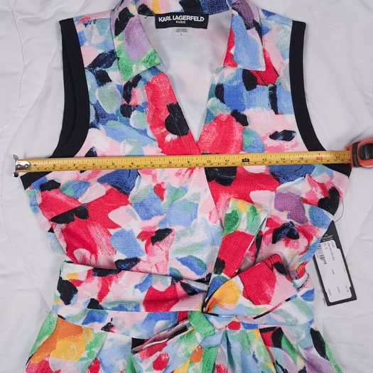 Karl Lagerfeld Multi-Color Red Blue Floral Waist Tie Sleeveless Dress 8UK/36EU/4US