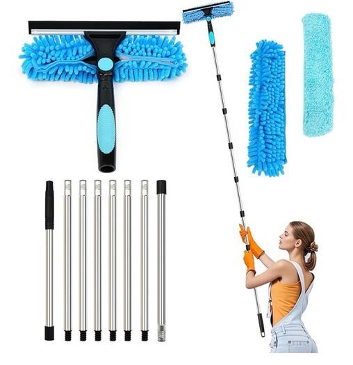 Long Reach Window Cleaning Equipment, 3 in 1 Telescopic Window Cleaner, 270 Rotating Squeegee Window Cleaning Kit with 8 Extendable Pole for Indoor/Outdoor High Window, Blue