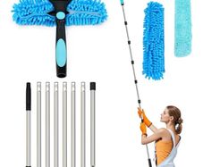 Long Reach Window Cleaning Equipment, 3 in 1 Telescopic Window Cleaner, 270 Rotating Squeegee Window Cleaning Kit with 8 Extendable Pole for Indoor/Outdoor High Window, Blue