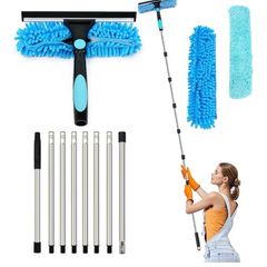 Long Reach Window Cleaning Equipment, 3 in 1 Telescopic Window Cleaner, 270 Rotating Squeegee Window Cleaning Kit with 8 Extendable Pole for Indoor/Outdoor High Window, Blue