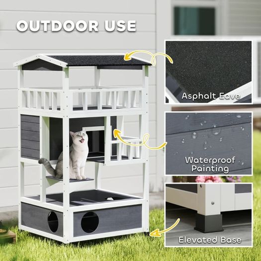 Wooden Cat House Den 3-Tier Outdoor Kitten Shelter Lodge w/ Tilted Roof Terrace Jump Step Bottom Tray Elevated Base Waterproof Paint 140 x 78 x 76cm Grey