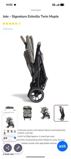 Joie Estrella Double Pram / Stroller Maple Colour