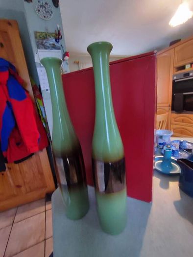 Very Decorative Set Of 2 Glazed Olive Green 40 Cm. Tall Vases With Browne Center.