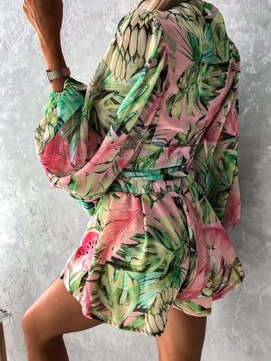 Set of chiffon tied top and shorts tropical pattern