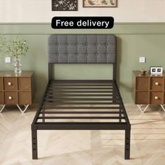Single Bed Frame with Upholstered Headboard, 36 cm High, Heavy