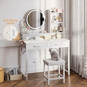 Dressing Table with height-adjustable Mirror for 120-180 cm, LED Lights with Adjustable Brightness, Vanity Table with 2 fabric Drawers and 4 Open Compartments, 80x40x136cm