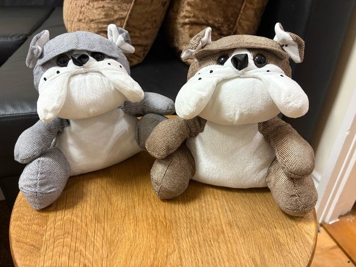 x2 Grey and Brown bulldog fabric door stopper filled with sand