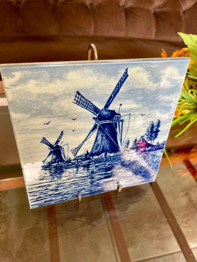 Vintage Handpainted Delft Blue Tile with Windmill and Boats Cottage Farmhouse Decor