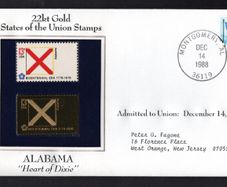 1988 USA  Alabama "Heart of Dixie" 22kt Gold Replica of the 1976 United States Flag Stamps showing 25c US flag definitive tied Montgomery, Alabama (state capital) illustrated cover.