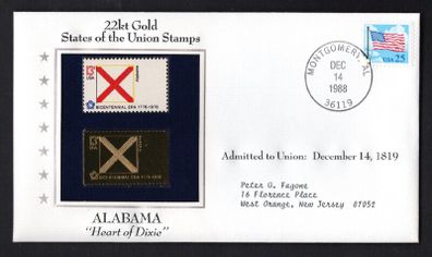1988 USA  Alabama "Heart of Dixie" 22kt Gold Replica of the 1976 United States Flag Stamps showing 25c US flag definitive tied Montgomery, Alabama (state capital) illustrated cover.