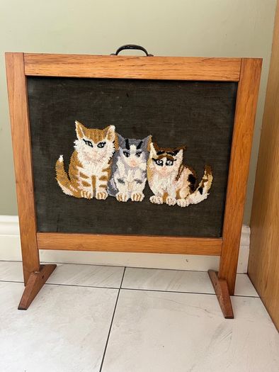 Cats needlepoint firescreen with mahogany surround