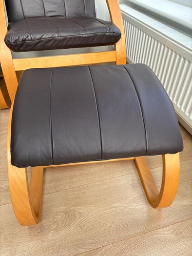 Set of 2 Brown leather and wood Bent Wood Easy Chairs and matching footstools