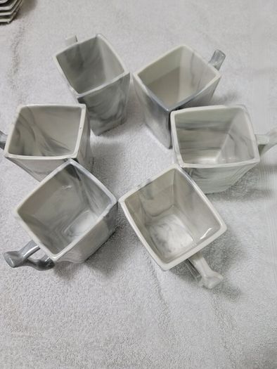 Stylish Modern Porcelain China Square 55 Piece Dinner Set, Marble Grey, Dinnerware, Dinner Party Set. Plates, Cups Mugs Bowls Egg Cups