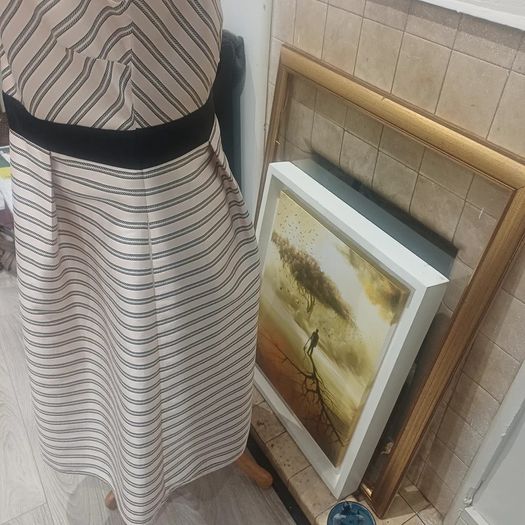 Beautiful Flattering Dress by Irish Designer Fee G, Soft Pink and Black Stripped Dress - Size 16